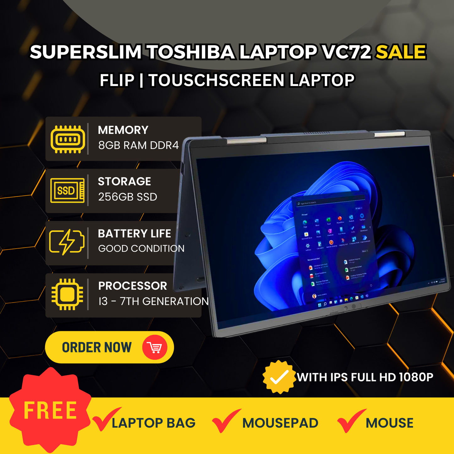 SUPERSLIM TOSHIBA LAPTOP - FLIP | TOUCHSCREEN, GOOD CON.